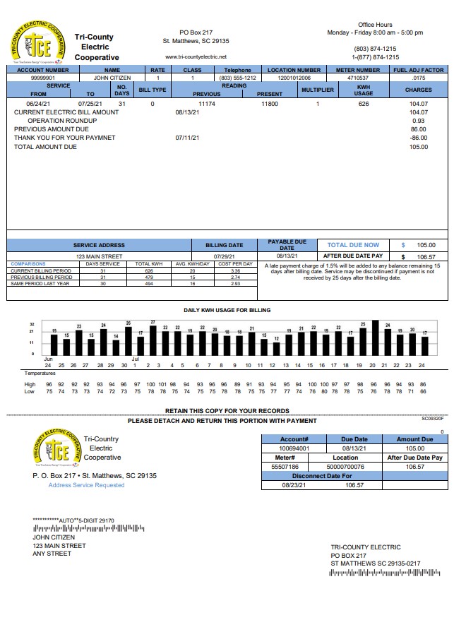 USA Tri County Electric Cooperative utility bill template in Word and PDF format